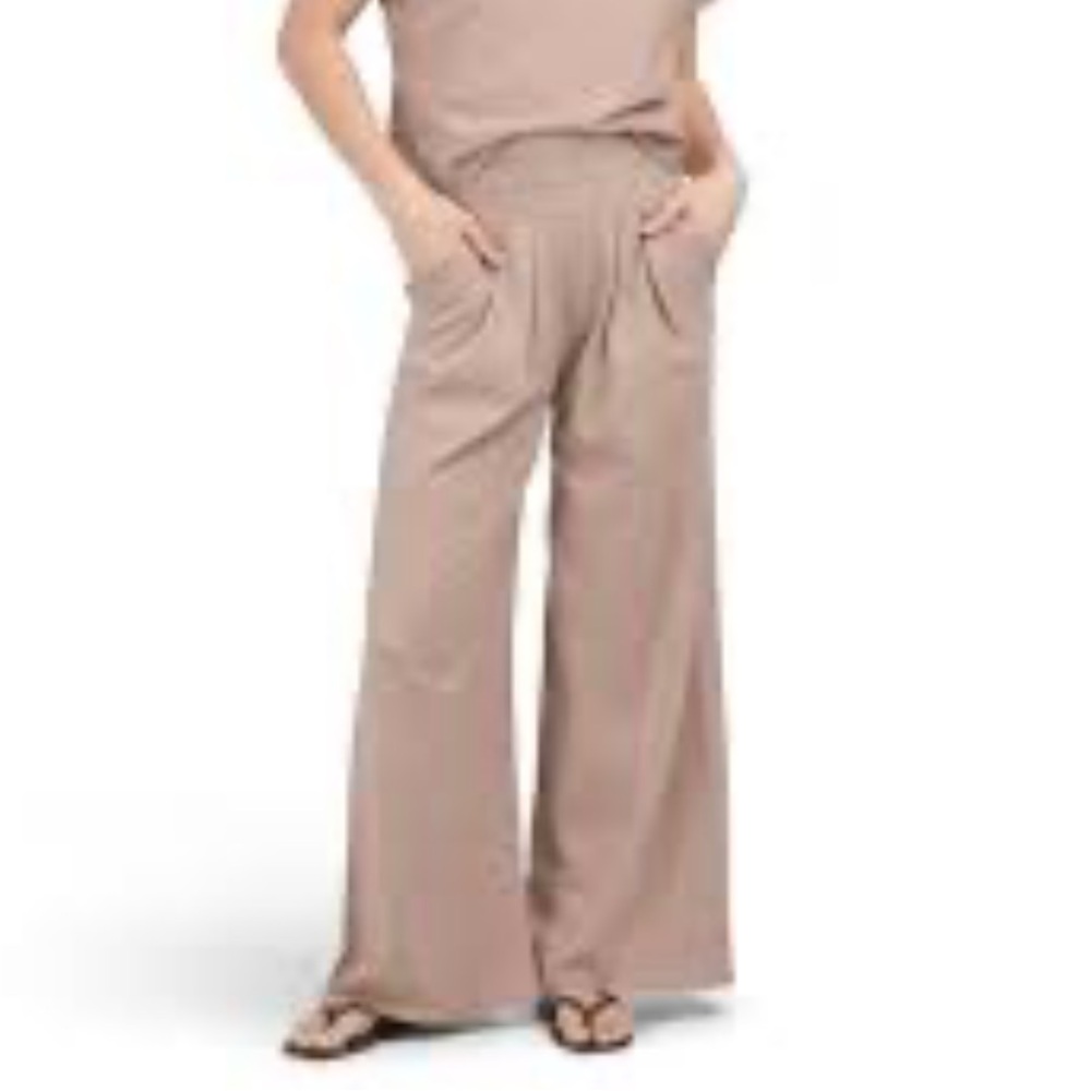 SIONI Heather Tan Knit Pants Wide Leg, Pockets,Ultra High Rise EUC Size Medium